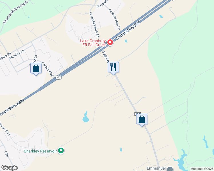 map of restaurants, bars, coffee shops, grocery stores, and more near 500 Fall Creek Highway in Granbury