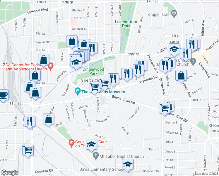 map of restaurants, bars, coffee shops, grocery stores, and more near 1607 Wynnton Road in Columbus