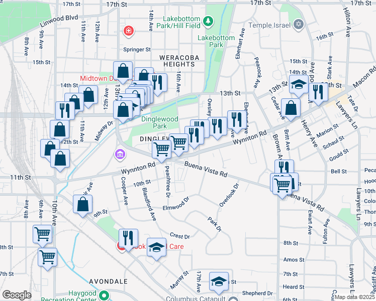 map of restaurants, bars, coffee shops, grocery stores, and more near 1532 Wynnton Road in Columbus