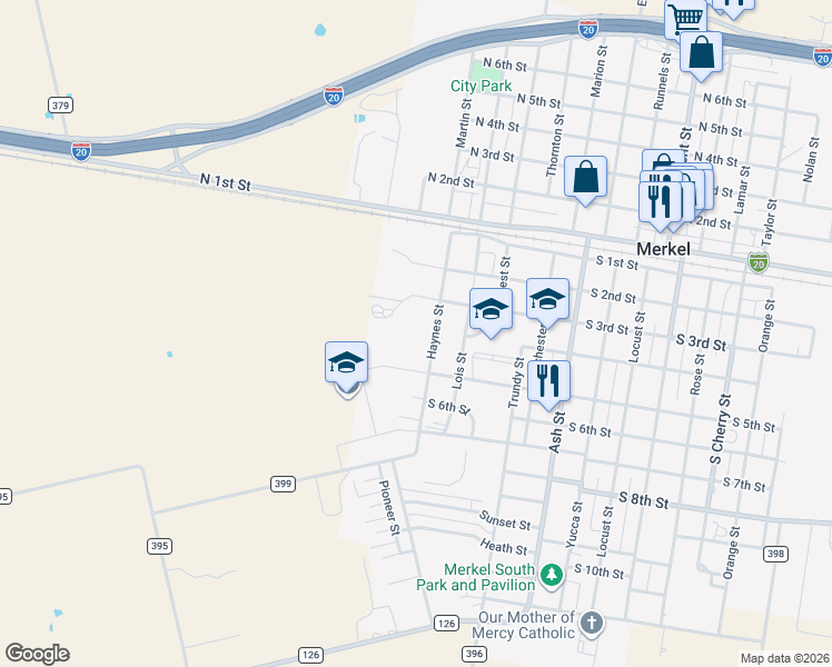 map of restaurants, bars, coffee shops, grocery stores, and more near 1820 South 5th Street in Merkel