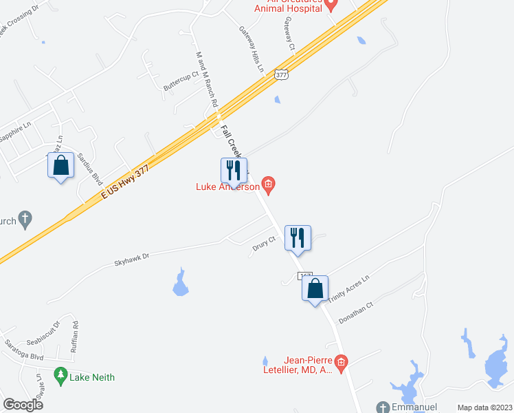 map of restaurants, bars, coffee shops, grocery stores, and more near 620 Fall Creek Highway in Granbury
