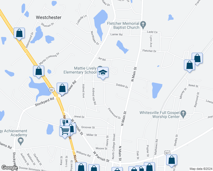 map of restaurants, bars, coffee shops, grocery stores, and more near 121 Debbie Drive in Statesboro