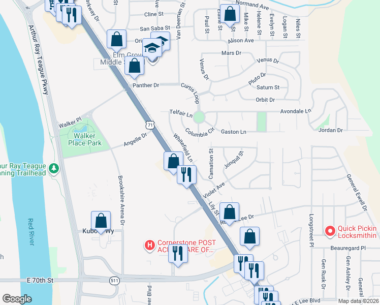 map of restaurants, bars, coffee shops, grocery stores, and more near 400 Whitefield Court in Bossier City