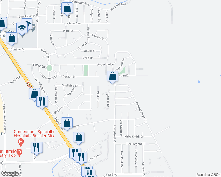 map of restaurants, bars, coffee shops, grocery stores, and more near 1805 Wild Rose in Bossier City