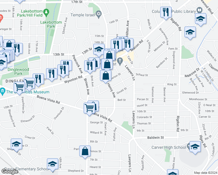 map of restaurants, bars, coffee shops, grocery stores, and more near 2339A Schaul Street in Columbus