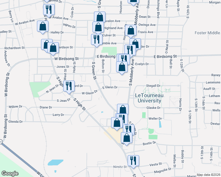 map of restaurants, bars, coffee shops, grocery stores, and more near 2116 South Green Street in Longview