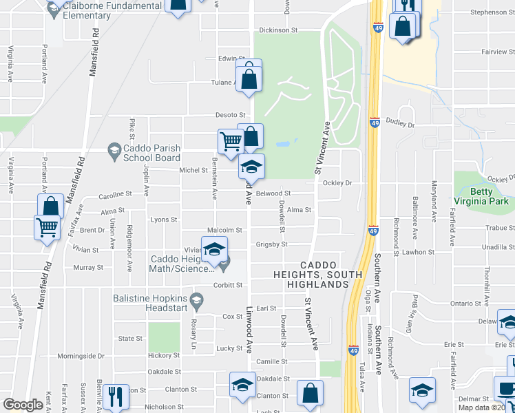 map of restaurants, bars, coffee shops, grocery stores, and more near 1536 Alma Street in Shreveport