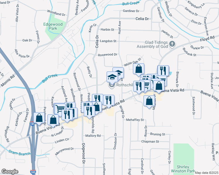 map of restaurants, bars, coffee shops, grocery stores, and more near 4601 Buena Vista Road in Columbus