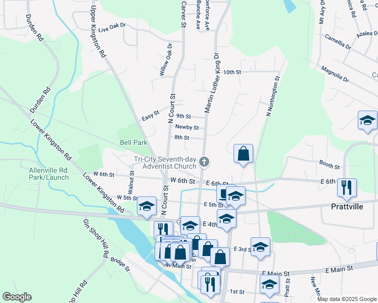 map of restaurants, bars, coffee shops, grocery stores, and more near 110 7th Street in Prattville