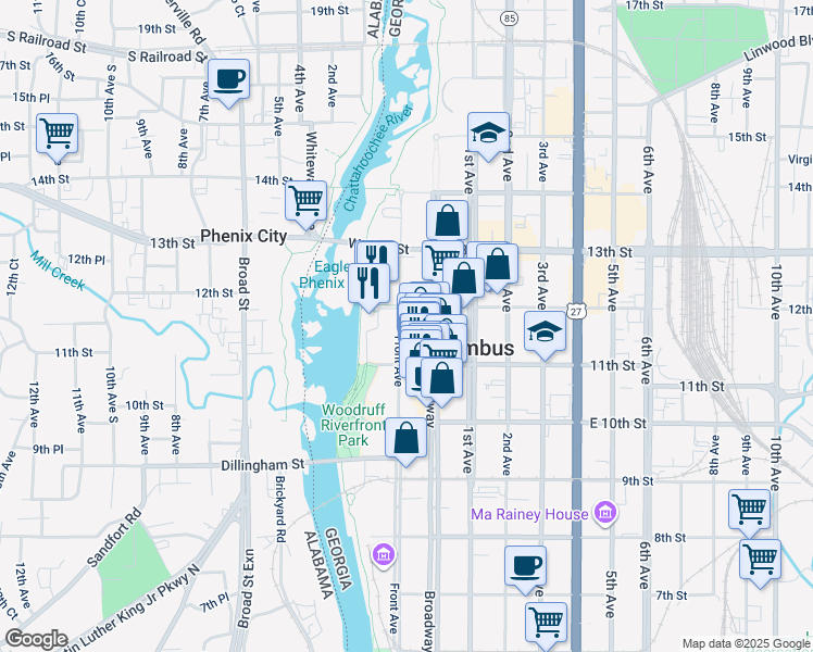 map of restaurants, bars, coffee shops, grocery stores, and more near 17 12th Street in Columbus
