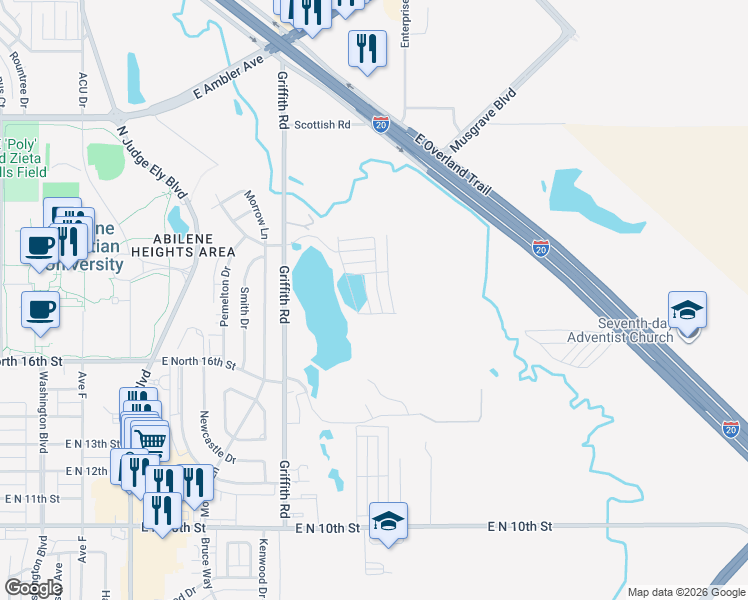 map of restaurants, bars, coffee shops, grocery stores, and more near 1718 Sina Avenue in Abilene
