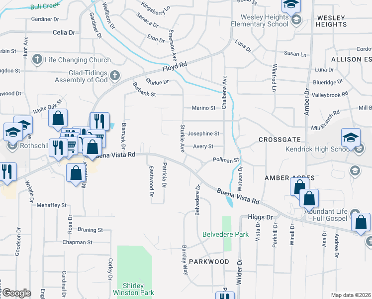 map of restaurants, bars, coffee shops, grocery stores, and more near 1121 Sturkie Avenue in Columbus