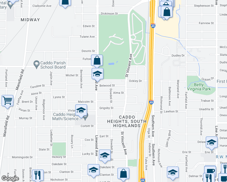 map of restaurants, bars, coffee shops, grocery stores, and more near 1452 Alma Street in Shreveport