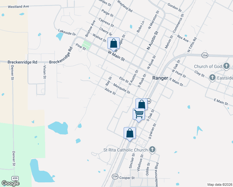 map of restaurants, bars, coffee shops, grocery stores, and more near 323 Alice Street in Ranger