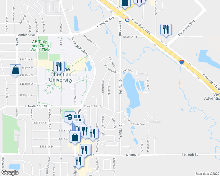 map of restaurants, bars, coffee shops, grocery stores, and more near 1733 Smith Drive in Abilene
