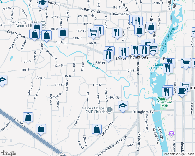 map of restaurants, bars, coffee shops, grocery stores, and more near 11th Avenue in Phenix City