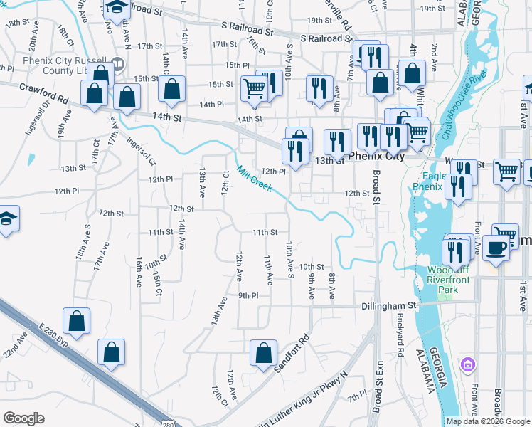 map of restaurants, bars, coffee shops, grocery stores, and more near 11th Avenue in Phenix City