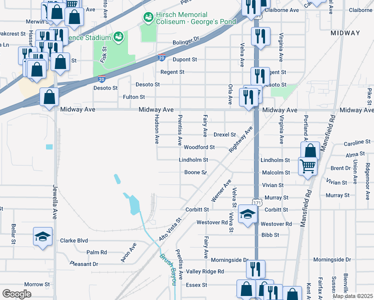 map of restaurants, bars, coffee shops, grocery stores, and more near 3041 Woodford Street in Shreveport