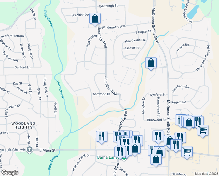 map of restaurants, bars, coffee shops, grocery stores, and more near 1611 Ashwood Dr in Prattville