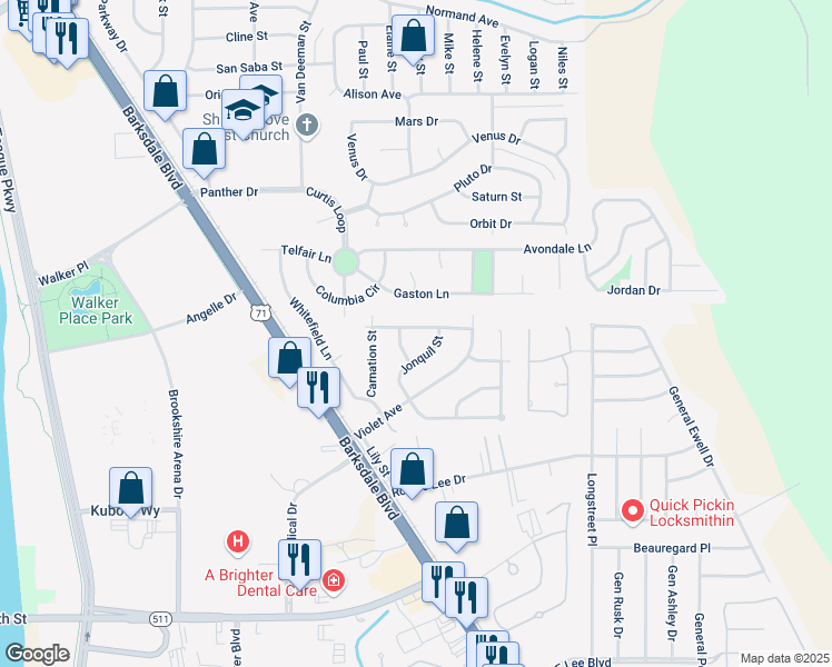 map of restaurants, bars, coffee shops, grocery stores, and more near 1214 Gladiolus Street in Bossier City