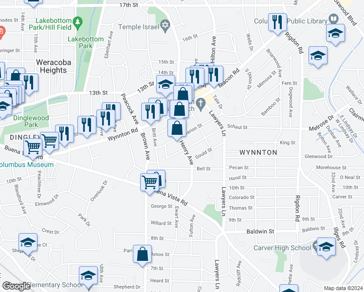 map of restaurants, bars, coffee shops, grocery stores, and more near 1115 Henry Avenue in Columbus