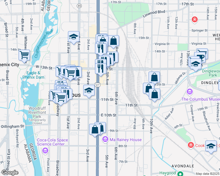 map of restaurants, bars, coffee shops, grocery stores, and more near 1121 6th Avenue in Columbus