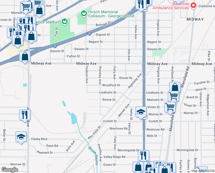 map of restaurants, bars, coffee shops, grocery stores, and more near 3040 Lindholm Street in Shreveport