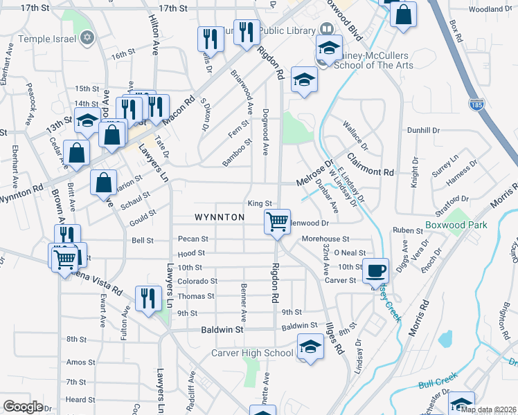 map of restaurants, bars, coffee shops, grocery stores, and more near 2931 East Wynnton Lane in Columbus