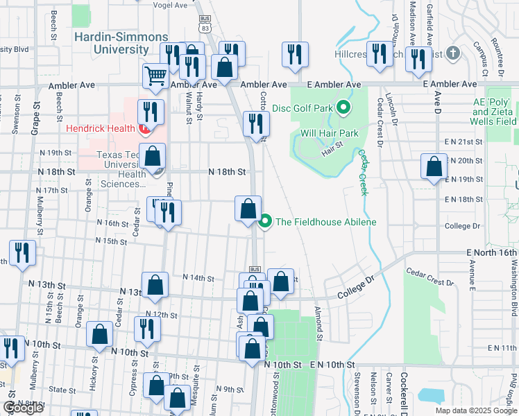 map of restaurants, bars, coffee shops, grocery stores, and more near 1618 North Treadaway Boulevard in Abilene