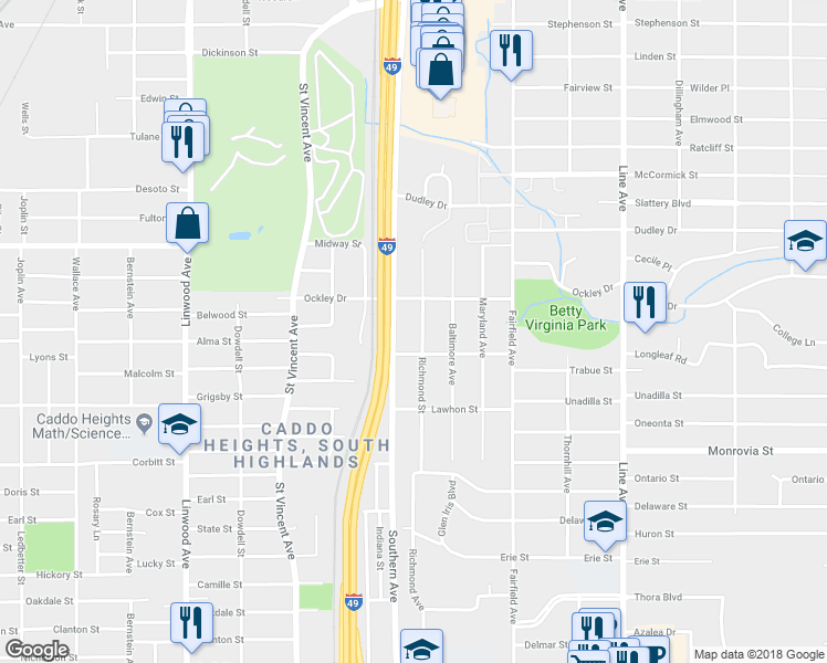 map of restaurants, bars, coffee shops, grocery stores, and more near 3934 Richmond Avenue in Shreveport