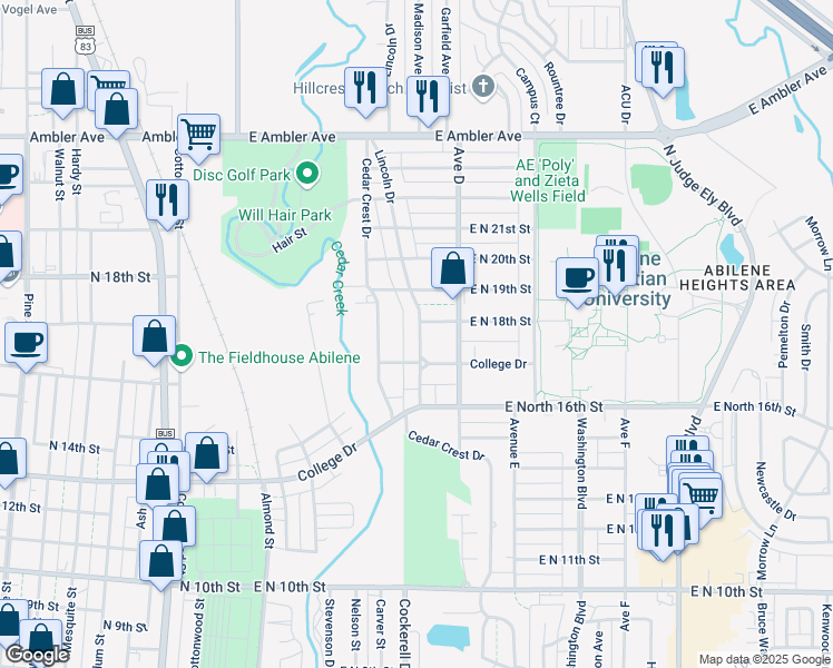 map of restaurants, bars, coffee shops, grocery stores, and more near 518 College Drive in Abilene