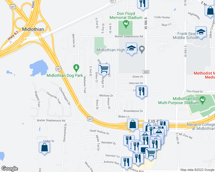 map of restaurants, bars, coffee shops, grocery stores, and more near 1603 Meadow Court in Midlothian