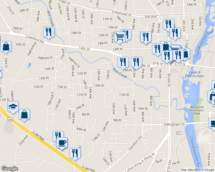 map of restaurants, bars, coffee shops, grocery stores, and more near 1200 12th Court in Phenix City