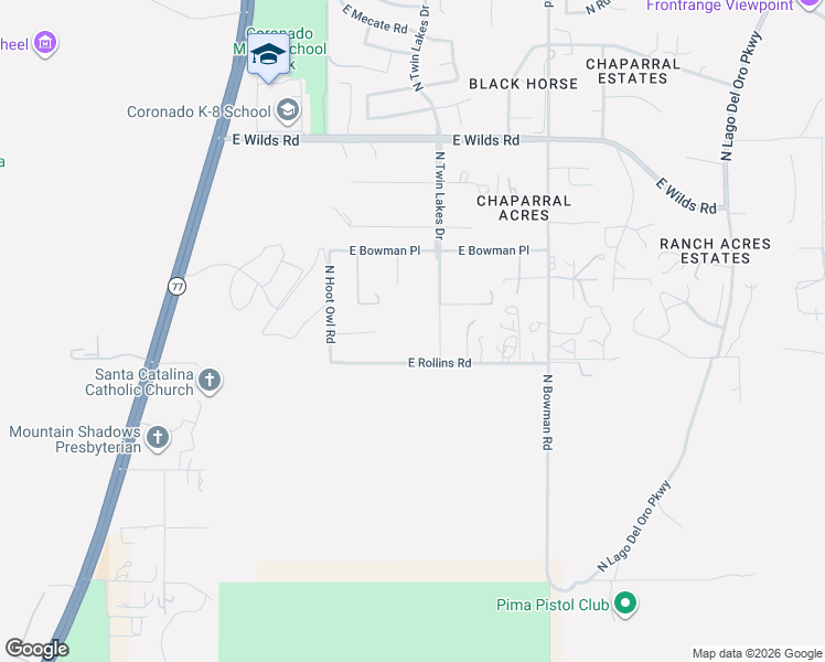 map of restaurants, bars, coffee shops, grocery stores, and more near 3515a East Rollins Road in Catalina