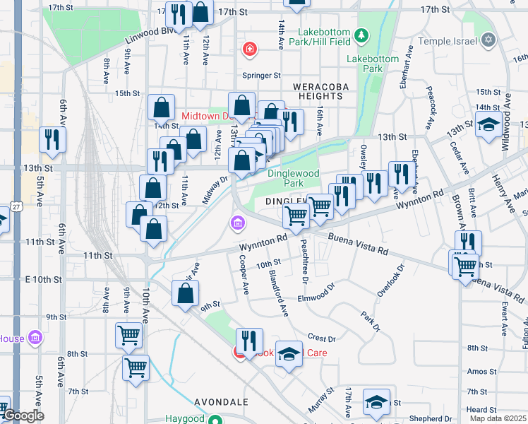 map of restaurants, bars, coffee shops, grocery stores, and more near 1415 Wynnton Road in Columbus