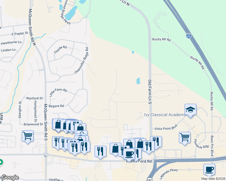 map of restaurants, bars, coffee shops, grocery stores, and more near 1967 Regent Road in Prattville