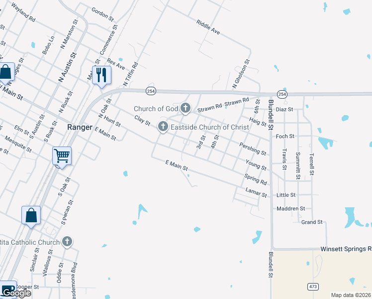 map of restaurants, bars, coffee shops, grocery stores, and more near 704 Spring Road in Ranger