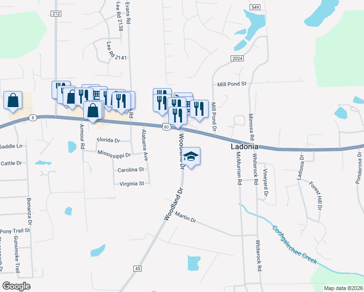 map of restaurants, bars, coffee shops, grocery stores, and more near 9 Woodland Drive in Phenix City
