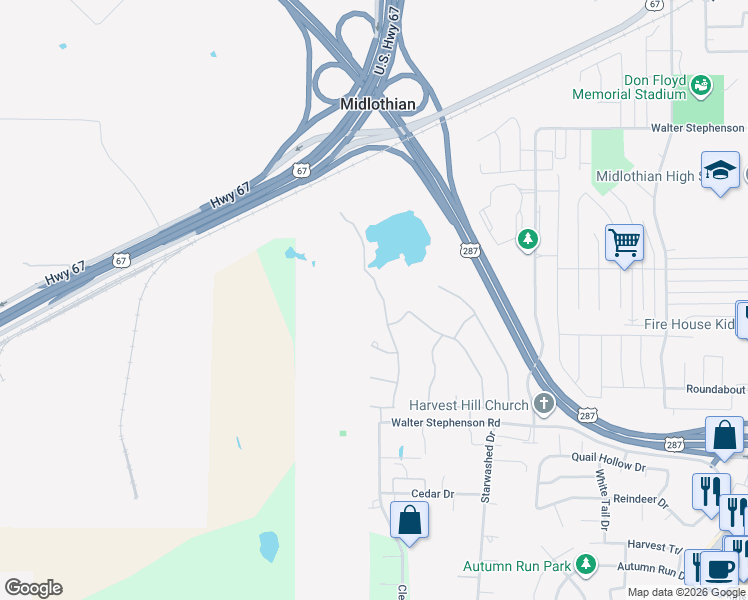 map of restaurants, bars, coffee shops, grocery stores, and more near 1621 Rugged Trail in Midlothian