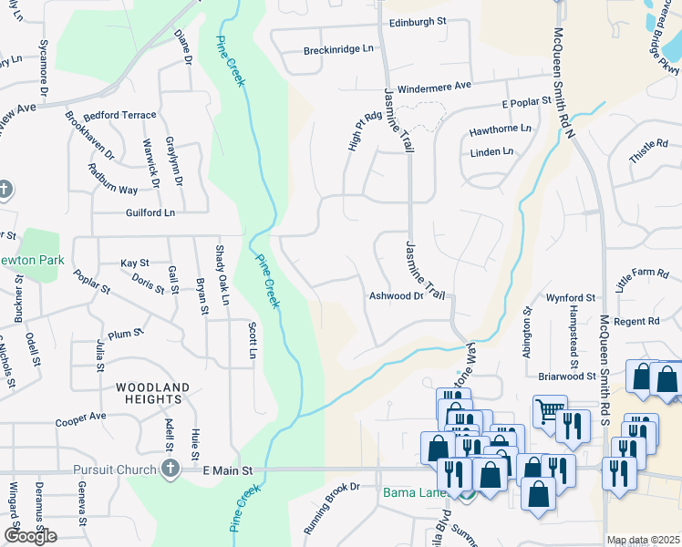 map of restaurants, bars, coffee shops, grocery stores, and more near 1697 Windstone Way in Prattville