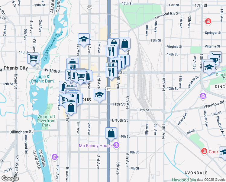 map of restaurants, bars, coffee shops, grocery stores, and more near 1124 Veterans Pkwy in Columbus