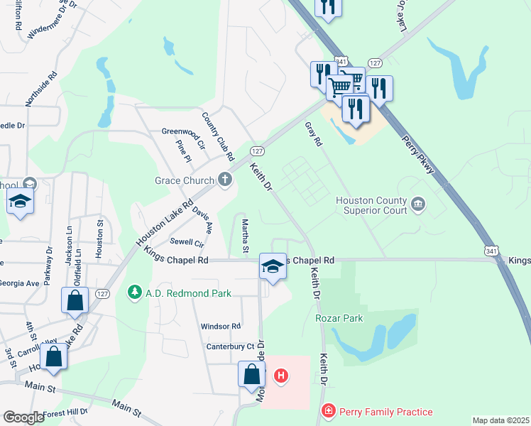 map of restaurants, bars, coffee shops, grocery stores, and more near 1315 Keith Drive in Perry