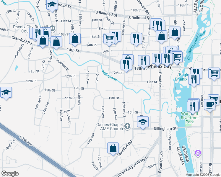 map of restaurants, bars, coffee shops, grocery stores, and more near 1106 12th Street in Phenix City