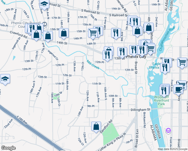 map of restaurants, bars, coffee shops, grocery stores, and more near 1106 12th Street in Phenix City