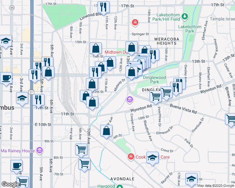 map of restaurants, bars, coffee shops, grocery stores, and more near 1266 Warren Williams Road in Columbus
