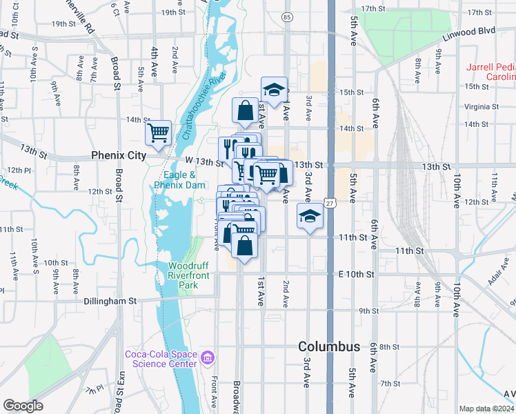 map of restaurants, bars, coffee shops, grocery stores, and more near 1167 1st Avenue in Columbus