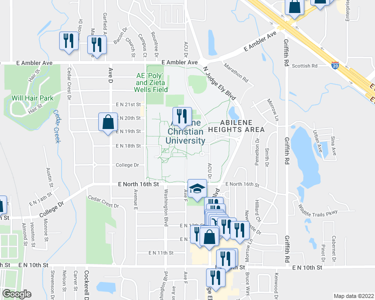map of restaurants, bars, coffee shops, grocery stores, and more near in Abilene