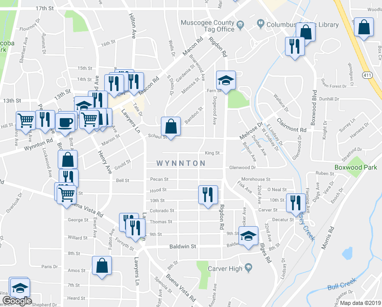 map of restaurants, bars, coffee shops, grocery stores, and more near 1616 Boulevard Street in Columbus