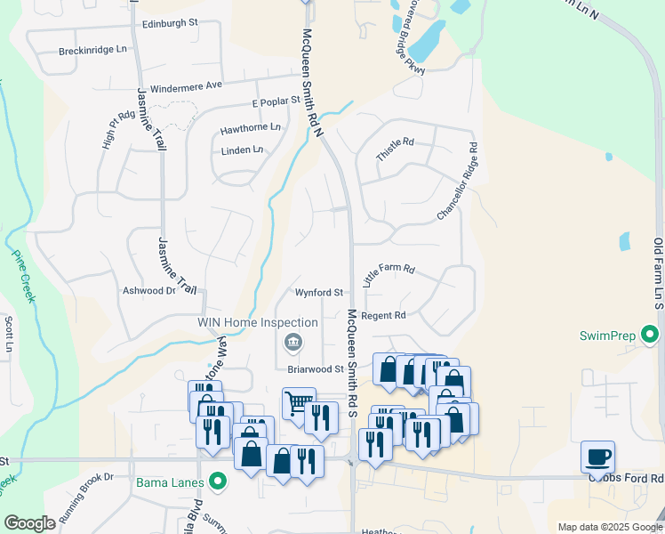 map of restaurants, bars, coffee shops, grocery stores, and more near 100 McQueen Smith Road South in Prattville