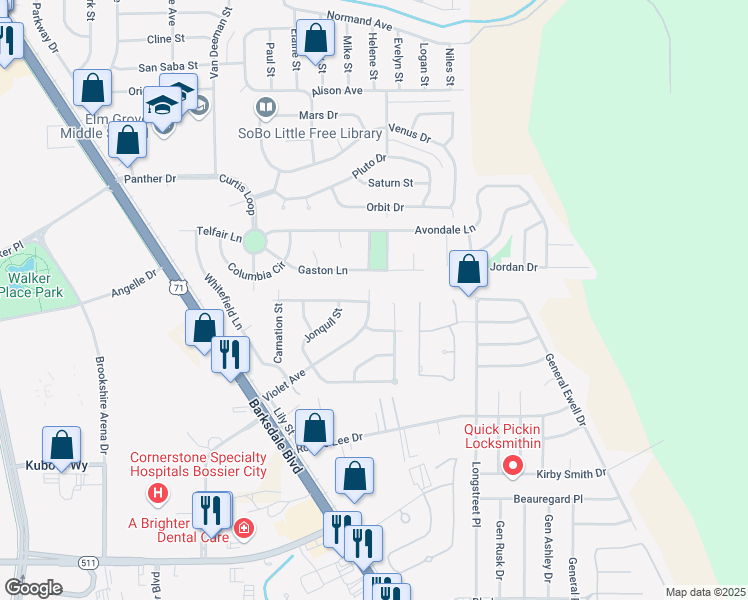 map of restaurants, bars, coffee shops, grocery stores, and more near 1400 Violet Avenue in Bossier City